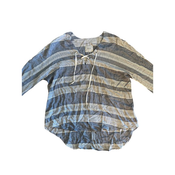 Women M Rails Lily Athens Stripe Blouse Top Shirt Long Slv Blue Rayon Lace-Up - Picture 2 of 5